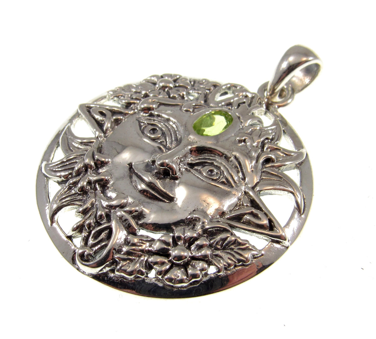 Solid 925 Sterling Silver Spring Sun Face Pendant with Peridot, Floral Solar Talisman