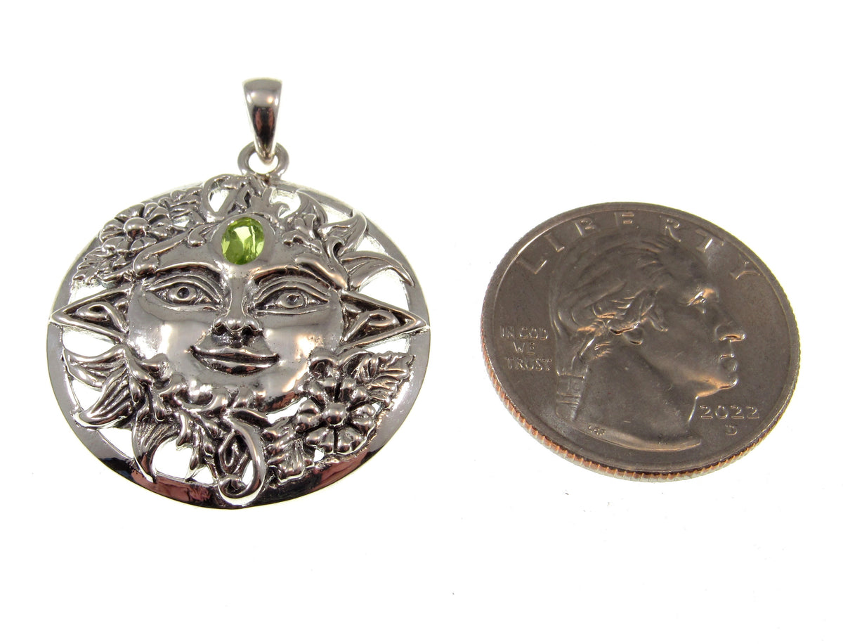 Solid 925 Sterling Silver Spring Sun Face Pendant with Peridot, Floral Solar Talisman