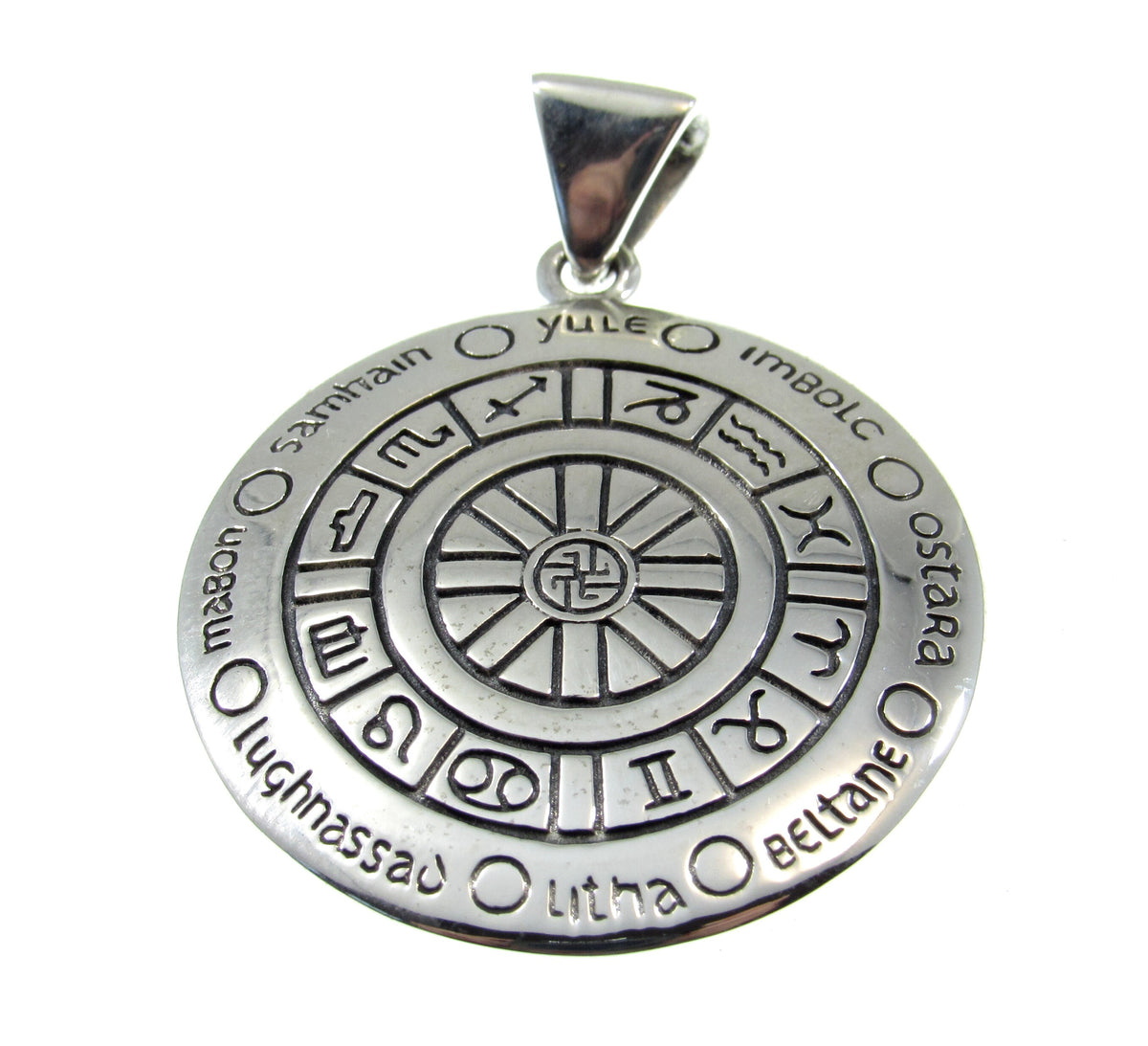 Solid 925 Sterling Silver Wheel of the Year Pendant, Pagan Sabbat Zodiac Calendar Amulet