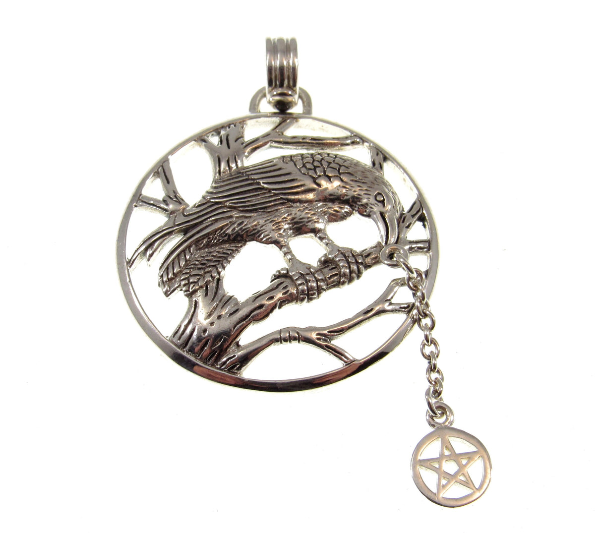 Solid 925 Sterling Silver Raven Macha Goddess Pendant, Celtic Crow Pentacle Amulet, Pentagram Talisman