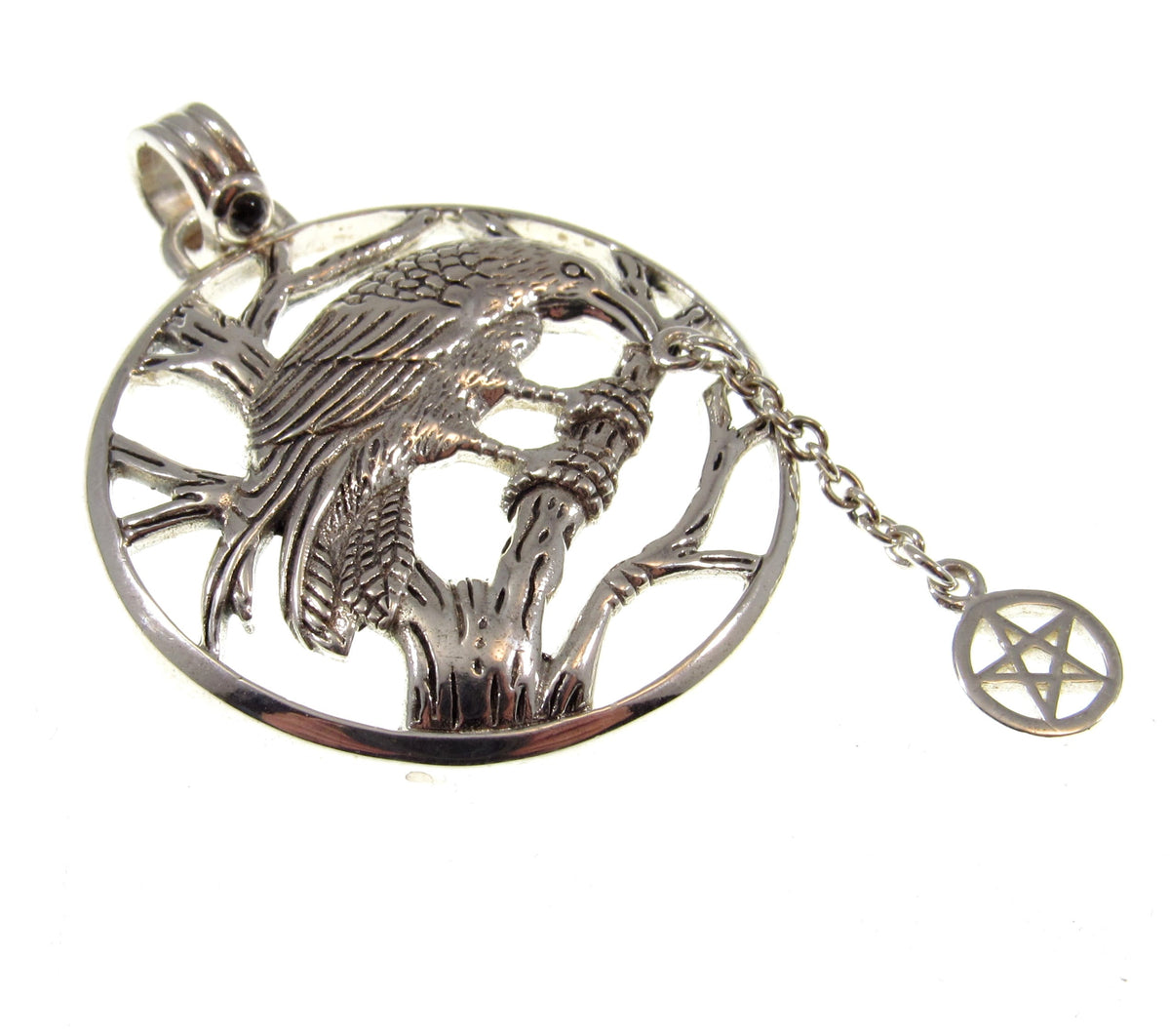 Solid 925 Sterling Silver Raven Macha Goddess Pendant, Celtic Crow Pentacle Amulet, Pentagram Talisman