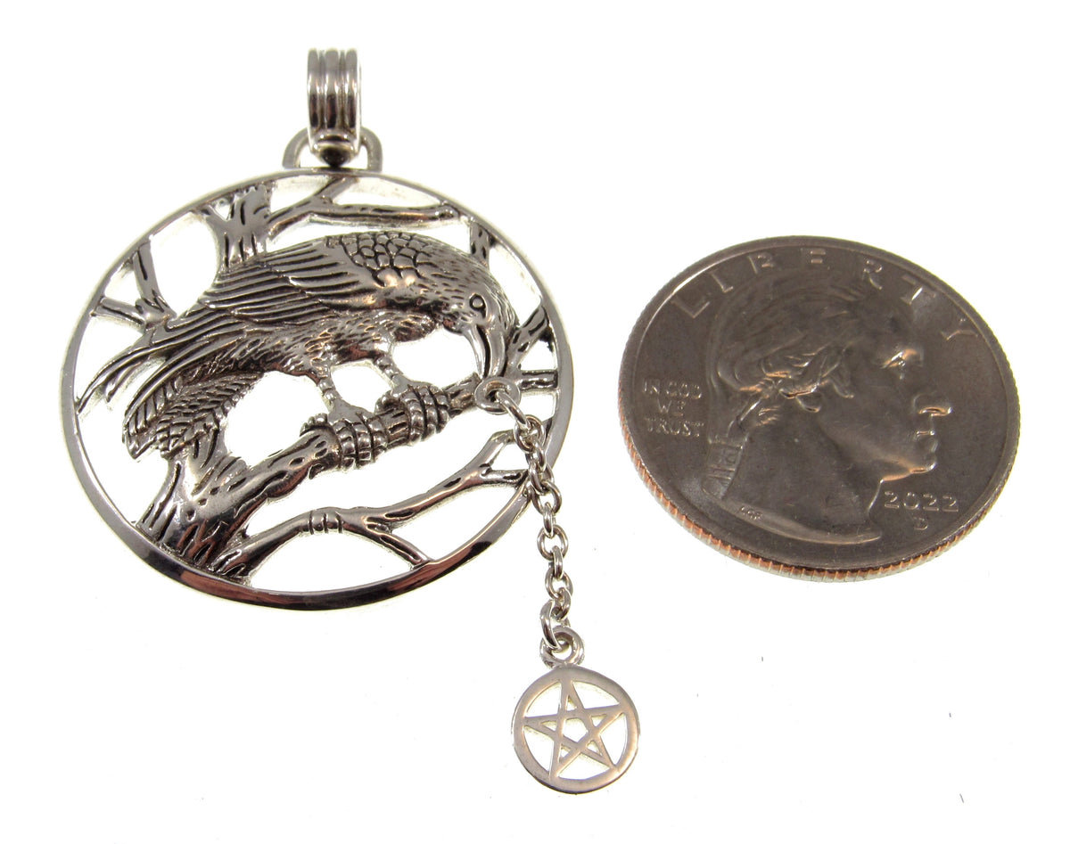 Solid 925 Sterling Silver Raven Macha Goddess Pendant, Celtic Crow Pentacle Amulet, Pentagram Talisman