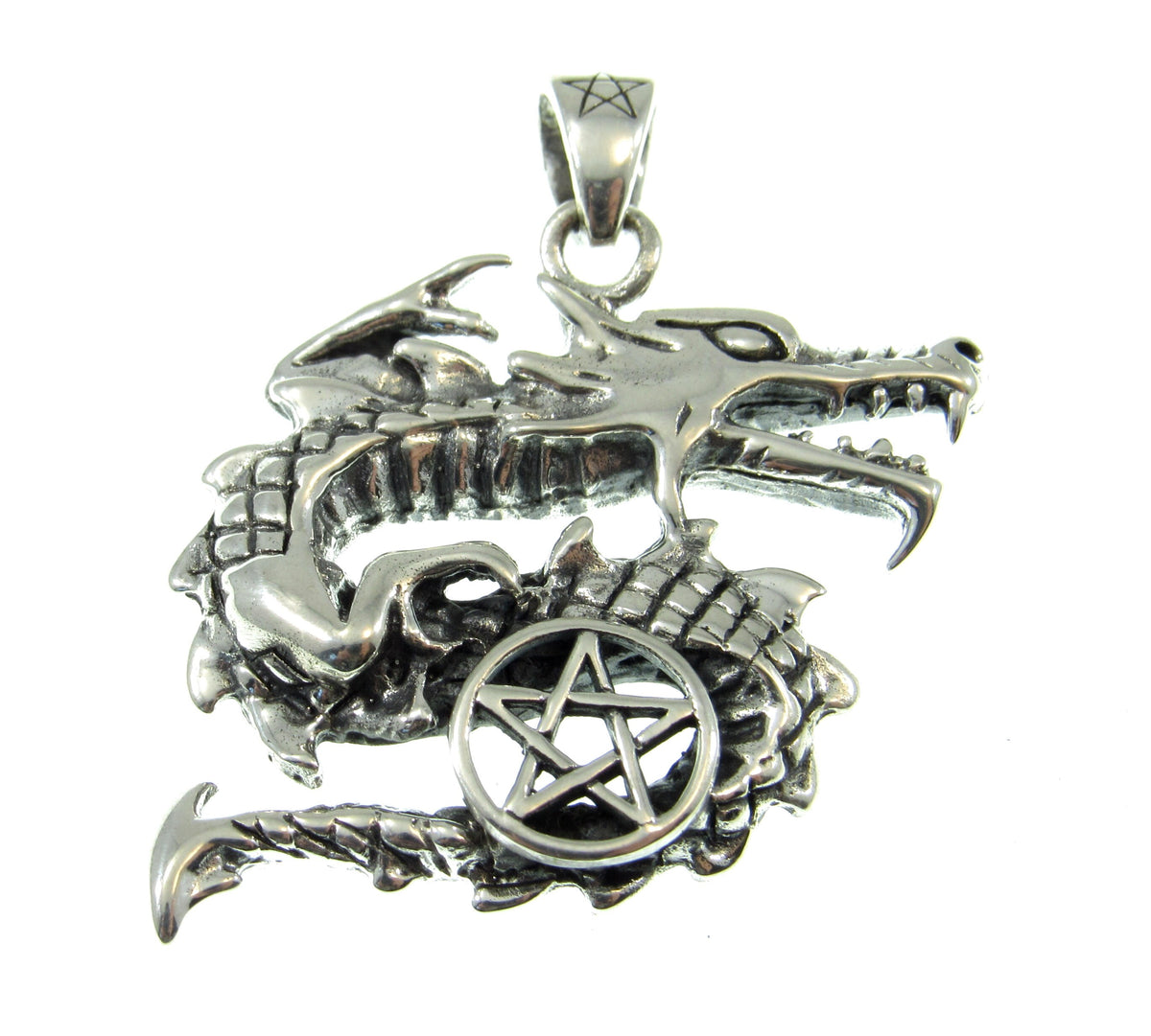 Solid 925 Sterling Silver Dragon Pentacle Pendant, Pagan Pentagram, Wiccan Amulet, Gothic Occult Talisman