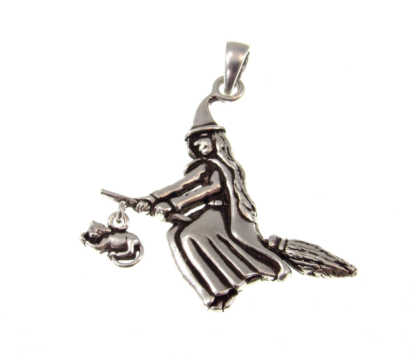 Solid 925 Sterling Silver Witch on Broom Pendant with Cat Charm, Pagan Witch Jewelry