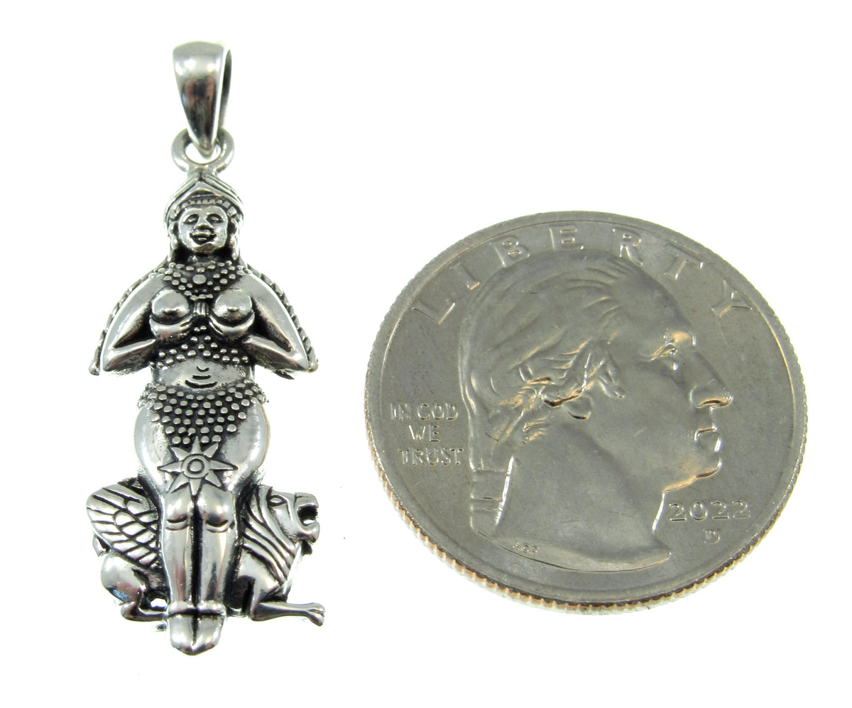 A bit longer than a US quarter and a bit narrower in width, the Goddess Inanna pendant is the perfect size to showcase her without being overbearing.