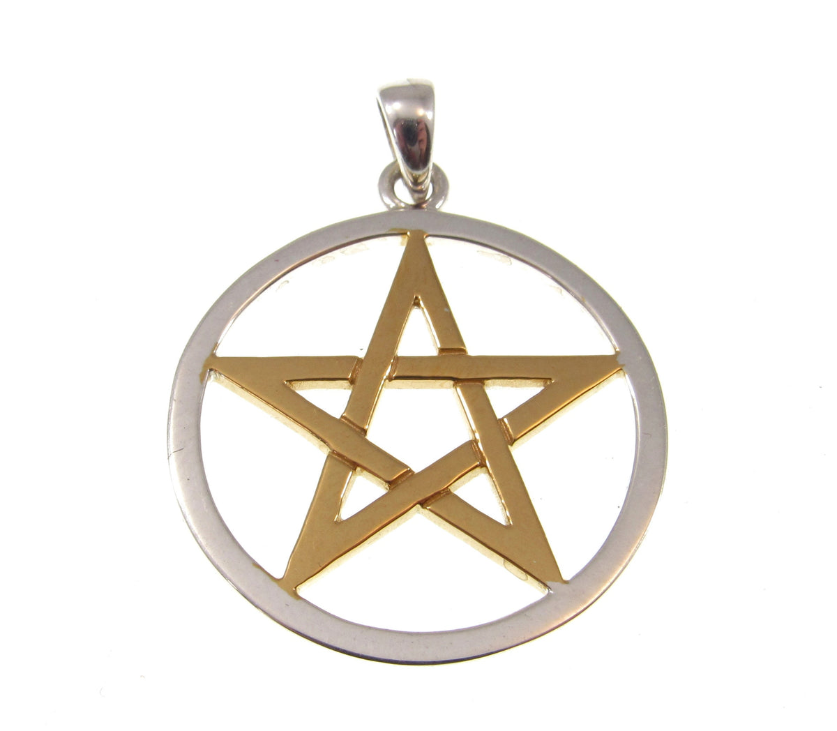 Solid 925 Sterling Silver & 14k Gold Vermeil Pentacle Star Pendant, Pagan Pentagram, Wiccan Amulet