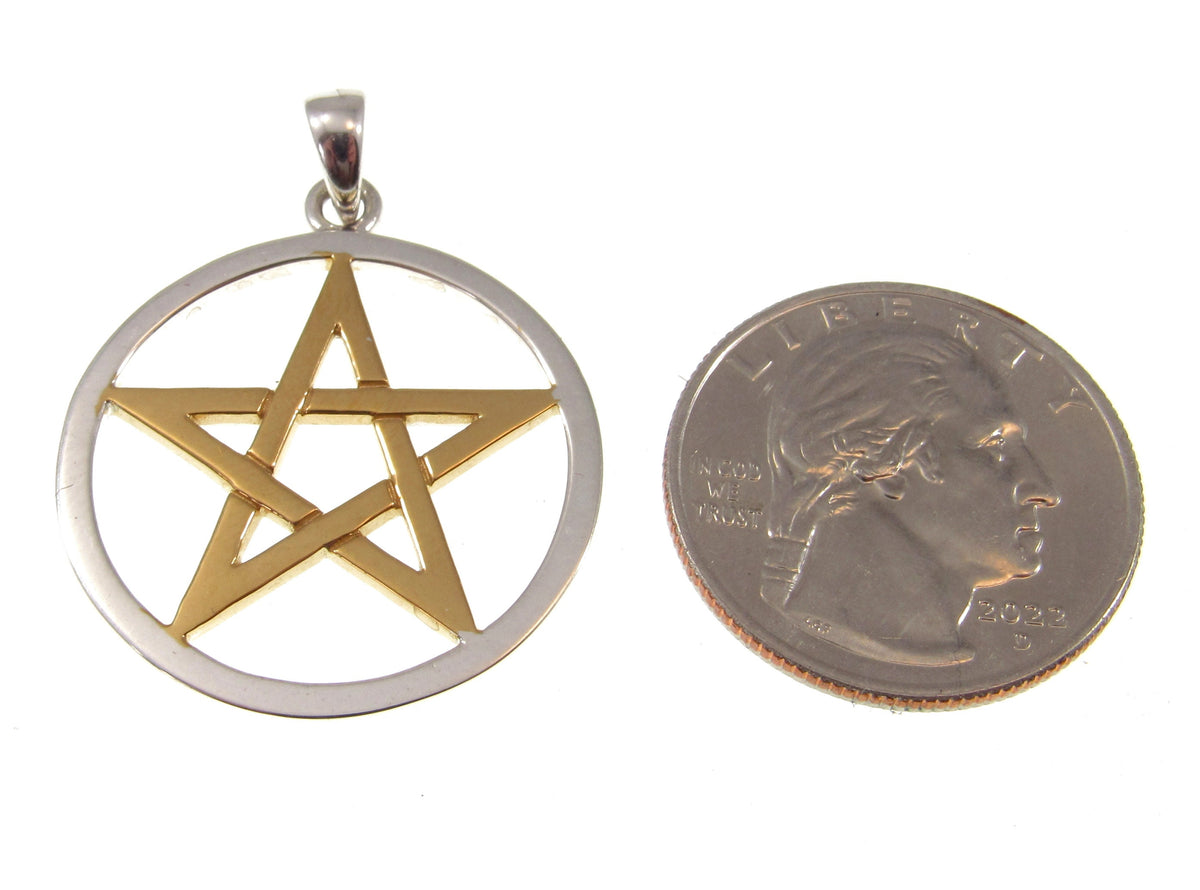 Solid 925 Sterling Silver & 14k Gold Vermeil Pentacle Star Pendant, Pagan Pentagram, Wiccan Amulet