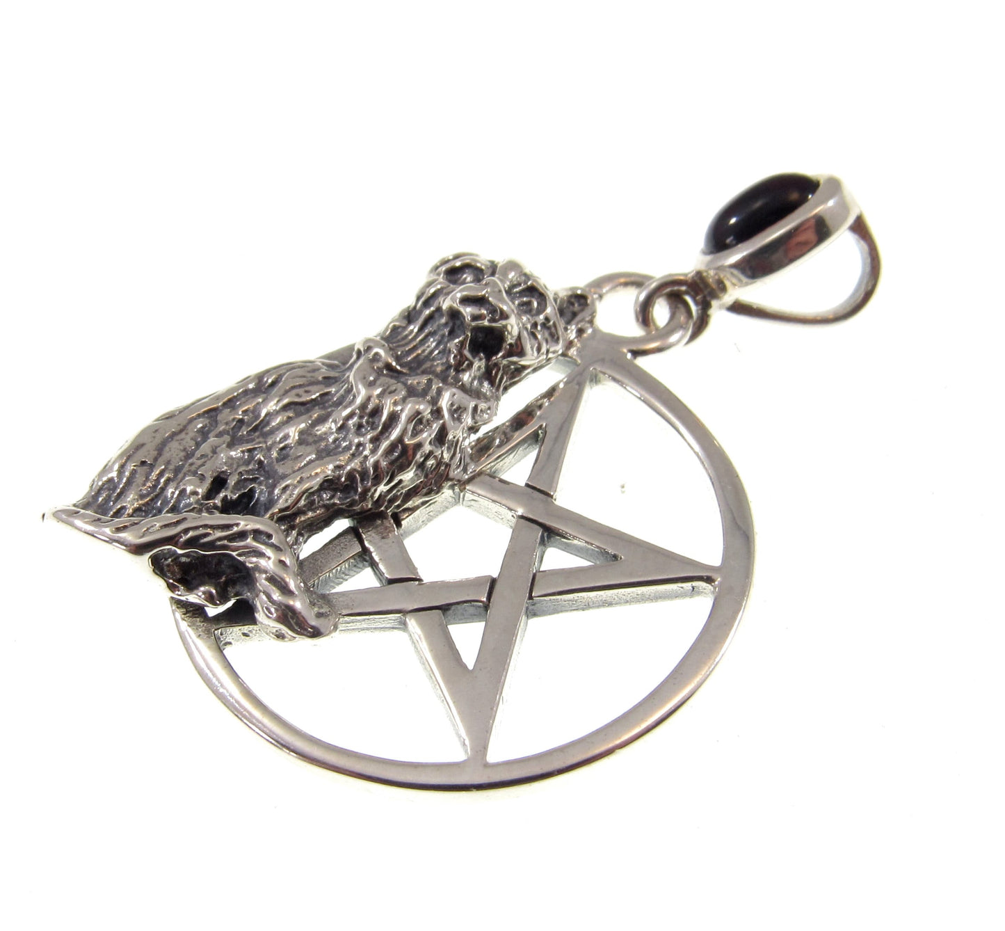 Solid 925 Sterling Silver Cat Familiar Pentacle Pendant With Garnet, Moonstone, Obsidian, or Peridot