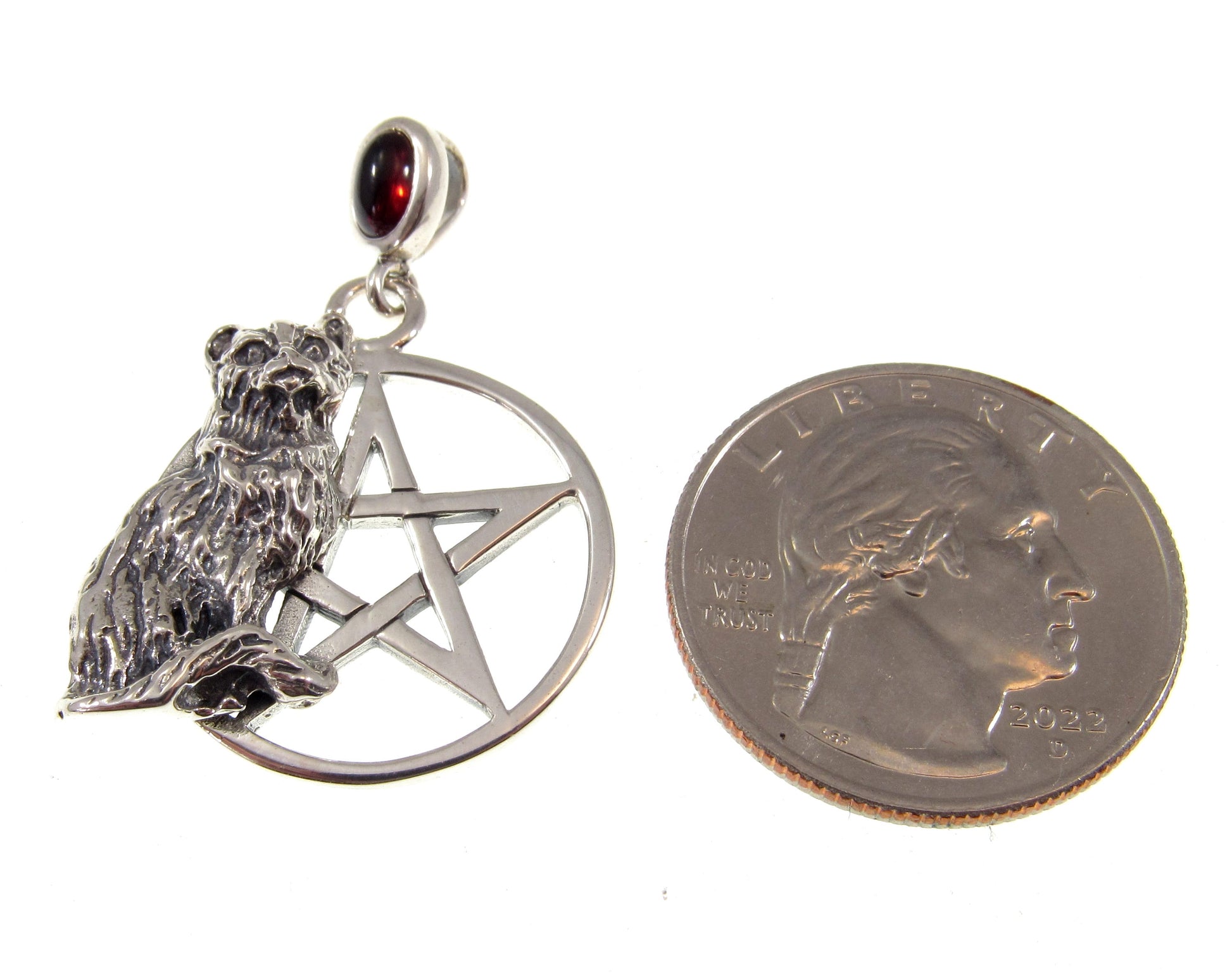 Solid 925 Sterling Silver Cat Familiar Pentacle Pendant With Garnet, Moonstone, Obsidian, or Peridot