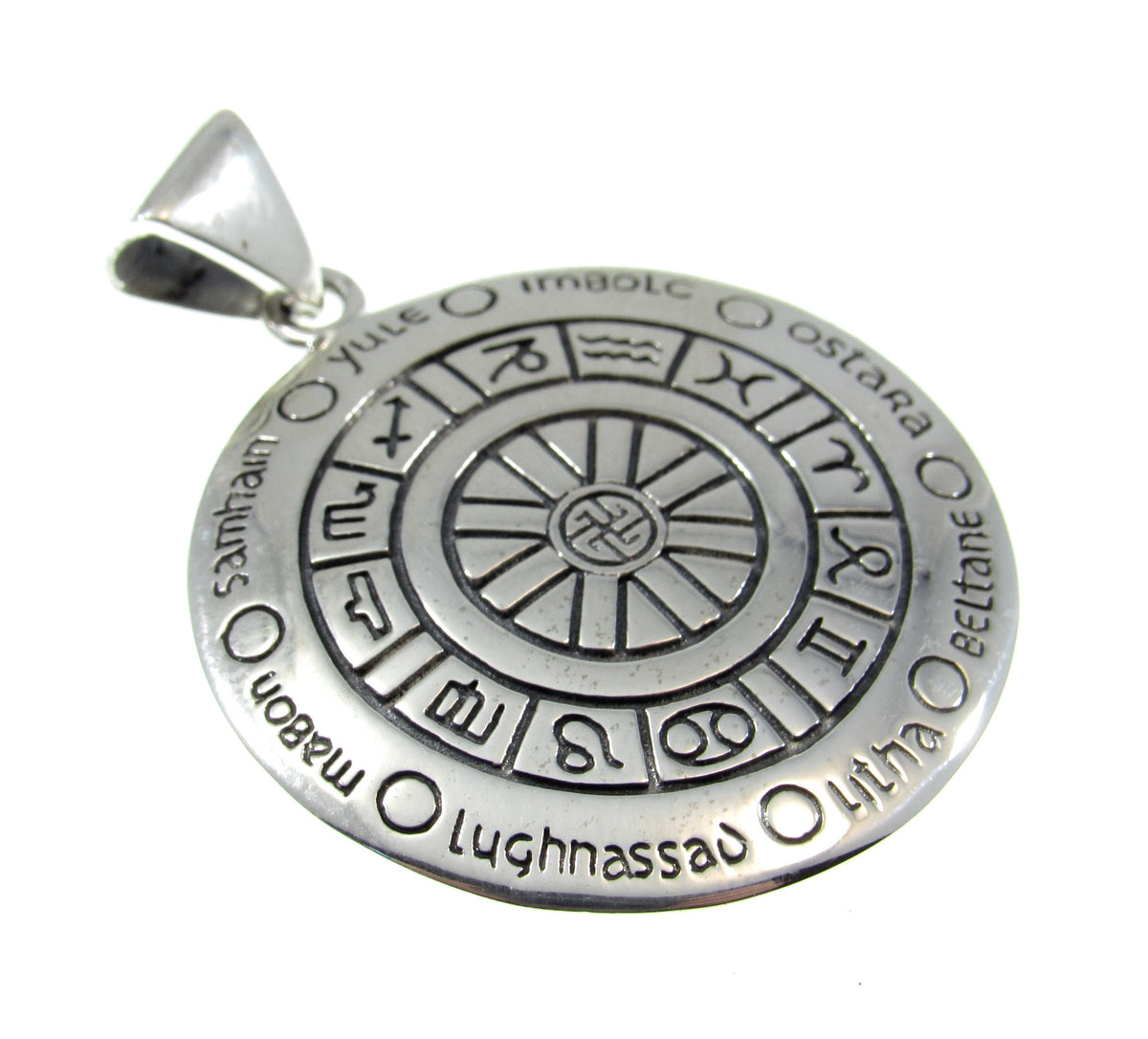 Solid 925 Sterling Silver Wheel of the Year Pendant, Pagan Sabbat Zodiac Calendar Amulet
