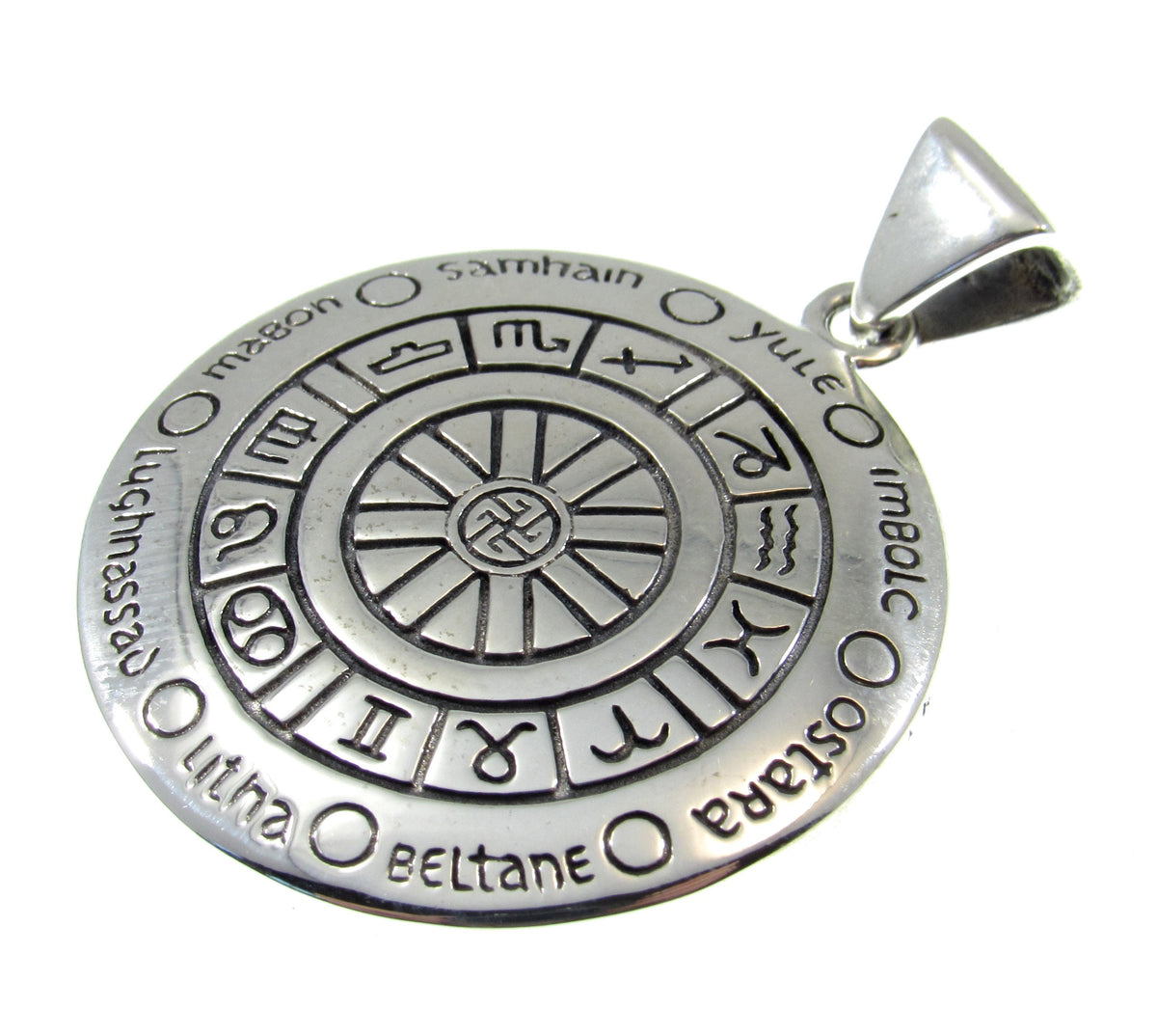 Solid 925 Sterling Silver Wheel of the Year Pendant, Pagan Sabbat Zodiac Calendar Amulet