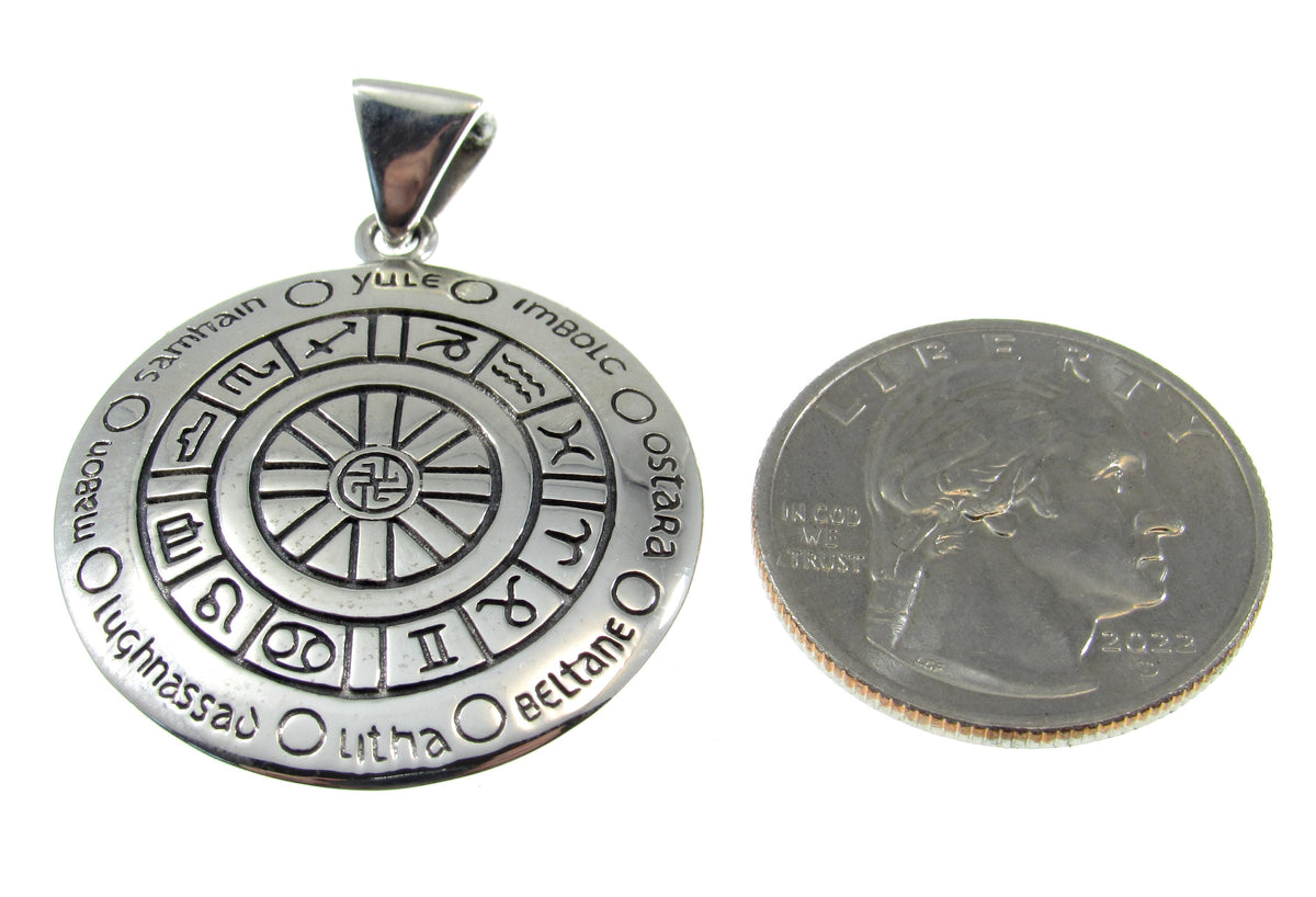 Solid 925 Sterling Silver Wheel of the Year Pendant, Pagan Sabbat Zodiac Calendar Amulet
