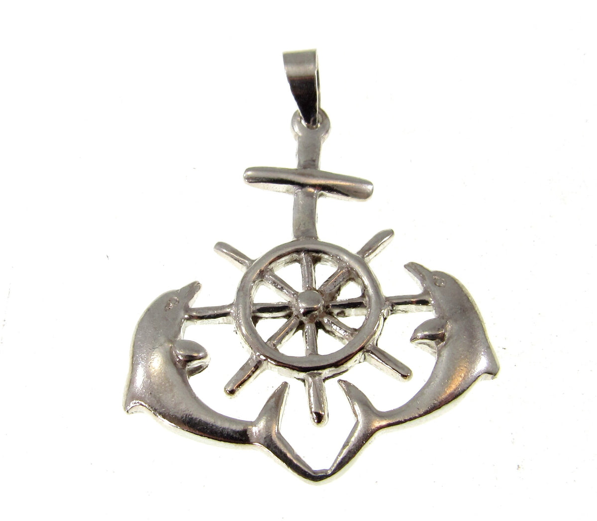 Solid 925 Sterling Silver Ship's Helm, Dolphins, & Anchor Pendant - Nautical Jewelry for Men