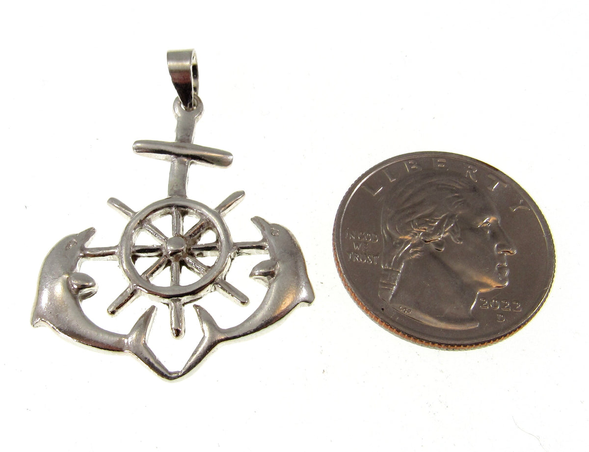Solid 925 Sterling Silver Ship's Helm, Dolphins, & Anchor Pendant - Nautical Jewelry for Men