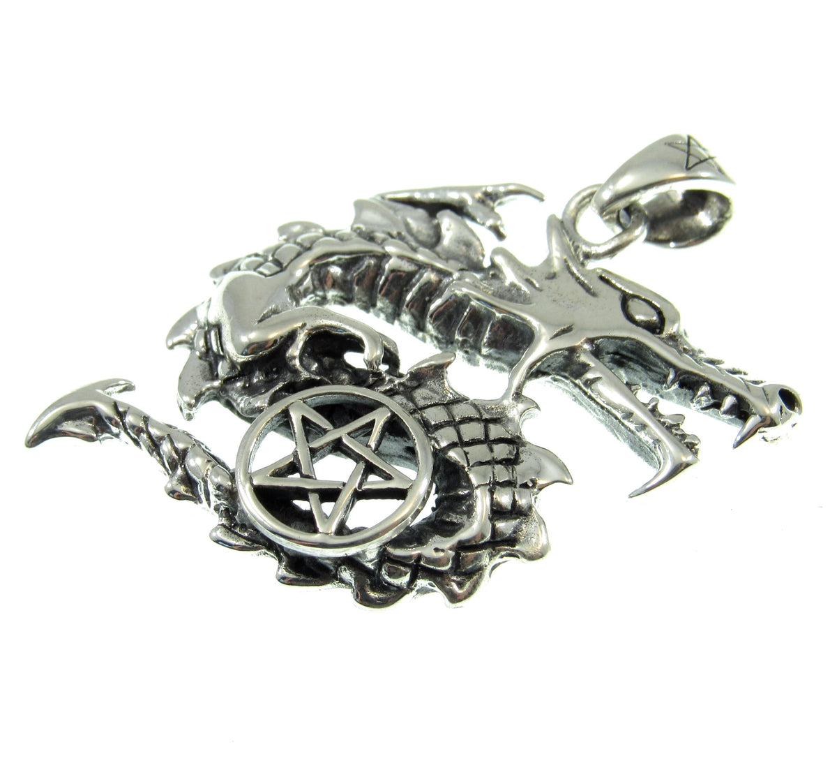 Solid 925 Sterling Silver Dragon Pentacle Pendant, Pagan Pentagram, Wiccan Amulet, Gothic Occult Talisman