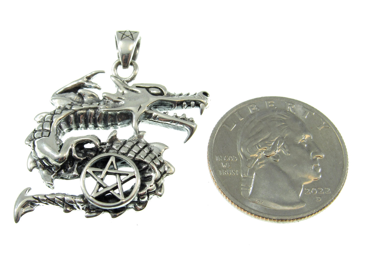 Solid 925 Sterling Silver Dragon Pentacle Pendant, Pagan Pentagram, Wiccan Amulet, Gothic Occult Talisman