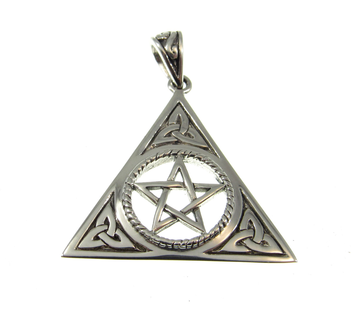 Solid 925 Sterling Silver Celtic Trinity Knot Pentacle Pendant Wiccan Pagan Triangle Amulet