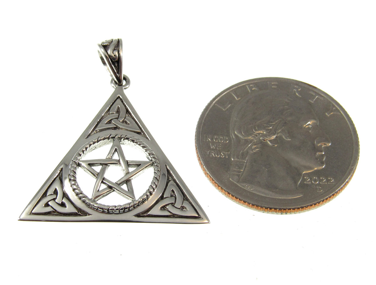 Solid 925 Sterling Silver Celtic Trinity Knot Pentacle Pendant Wiccan Pagan Triangle Amulet