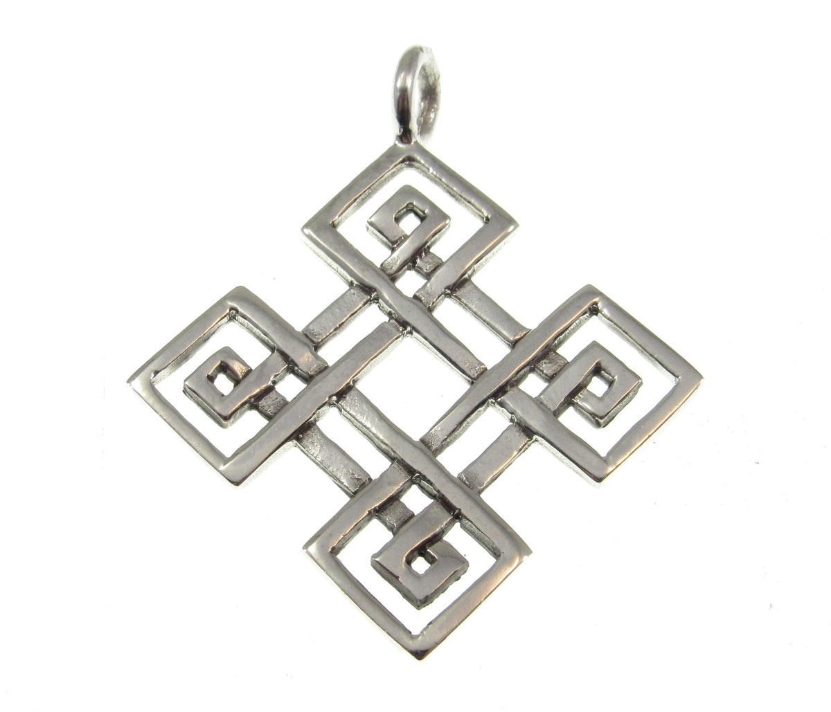 Solid 925 Sterling Silver Celtic Diamond / Square Quaternary Knot Pendant, Handcrafted Endless Knot / Eternal Loop Shield Amulet