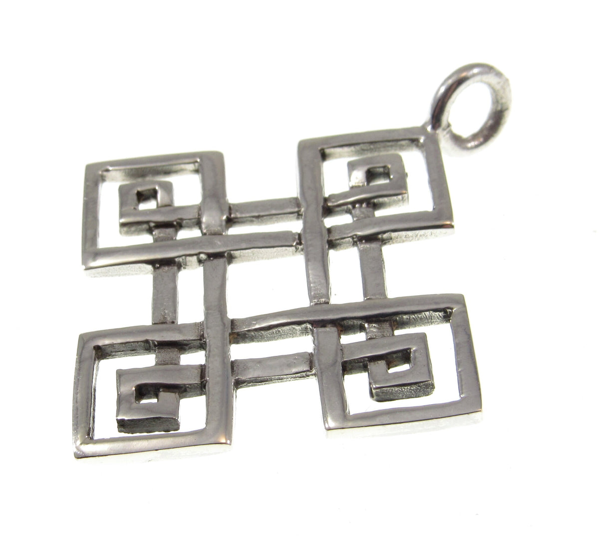 Solid 925 Sterling Silver Celtic Diamond / Square Quaternary Knot Pendant, Handcrafted Endless Knot / Eternal Loop Shield Amulet