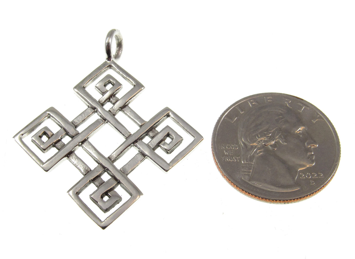 Solid 925 Sterling Silver Celtic Diamond / Square Quaternary Knot Pendant, Handcrafted Endless Knot / Eternal Loop Shield Amulet