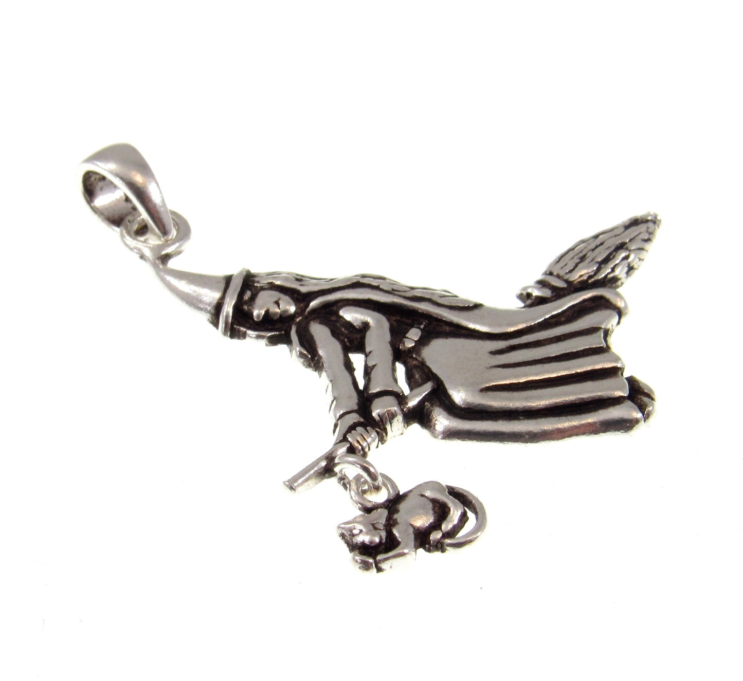 Solid 925 Sterling Silver Witch on Broom Pendant with Cat Charm, Pagan Witch Jewelry