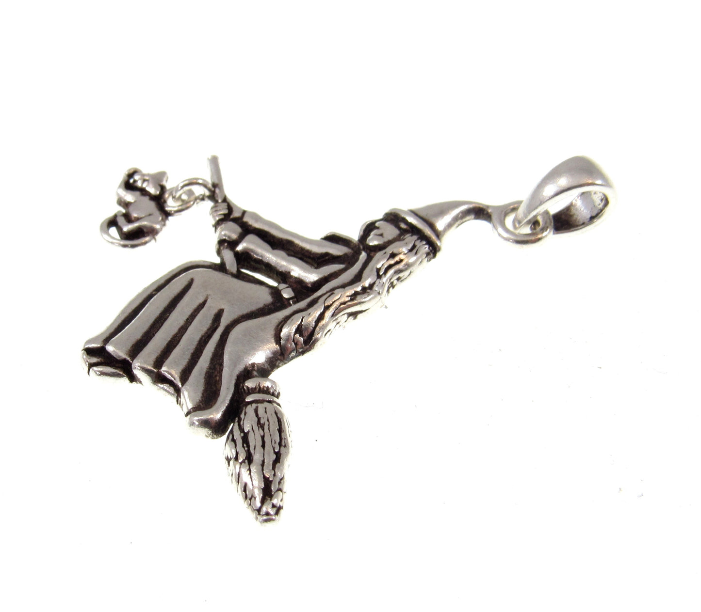 Solid 925 Sterling Silver Witch on Broom Pendant with Cat Charm, Pagan Witch Jewelry
