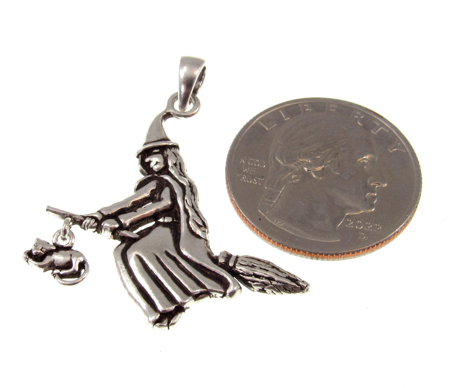 Solid 925 Sterling Silver Witch on Broom Pendant with Cat Charm, Pagan Witch Jewelry