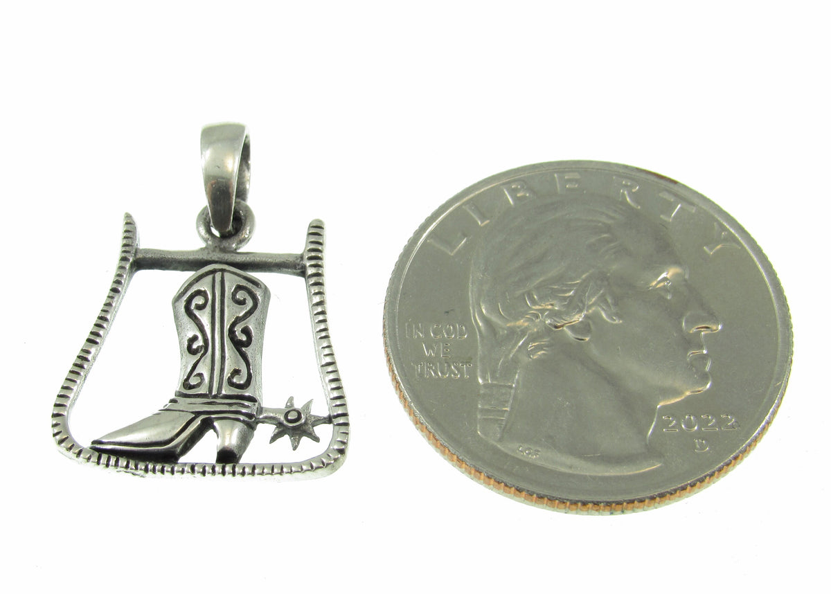 Solid 925 Sterling Silver Cowboy Boot & Spur Horseshoe Pendant - Handcrafted Western Jewelry Charm - Country Music and Rodeo Lover Gift Idea