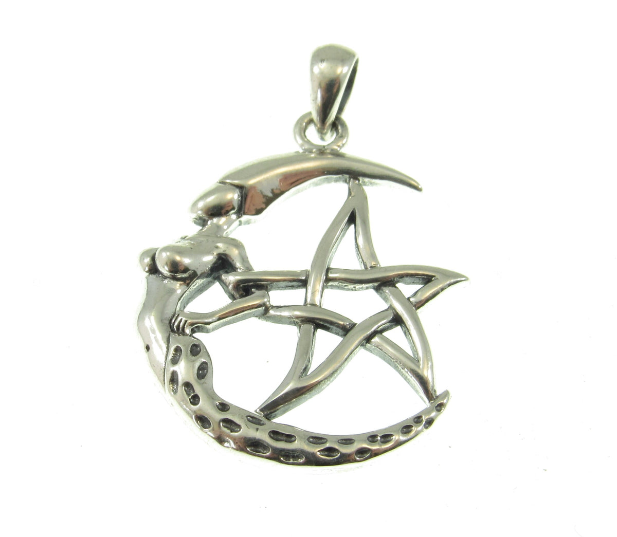 Solid 925 Sterling Silver Crescent Moon Goddess Pentacle Pendant Wiccan Pagan Witch Jewelry