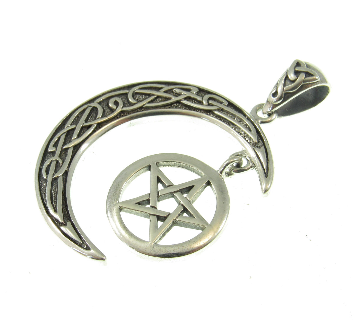 Solid 925 Silver Celtic Moon and Hanging Pentagram Pendant, Pagan Witchcraft Talisman Jewelry
