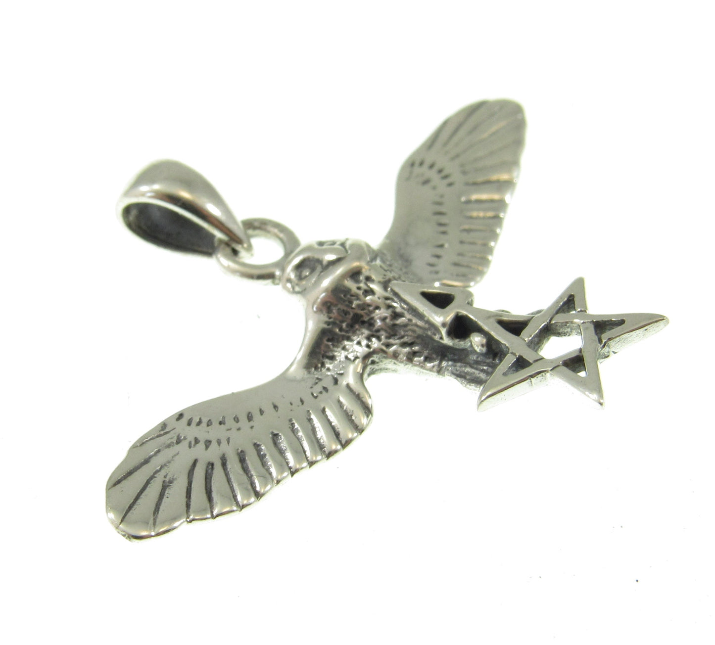 Solid 925 Sterling Silver Flying Owl Pendant, Pentagram Star Triangle, Pagan Wiccan Amulet