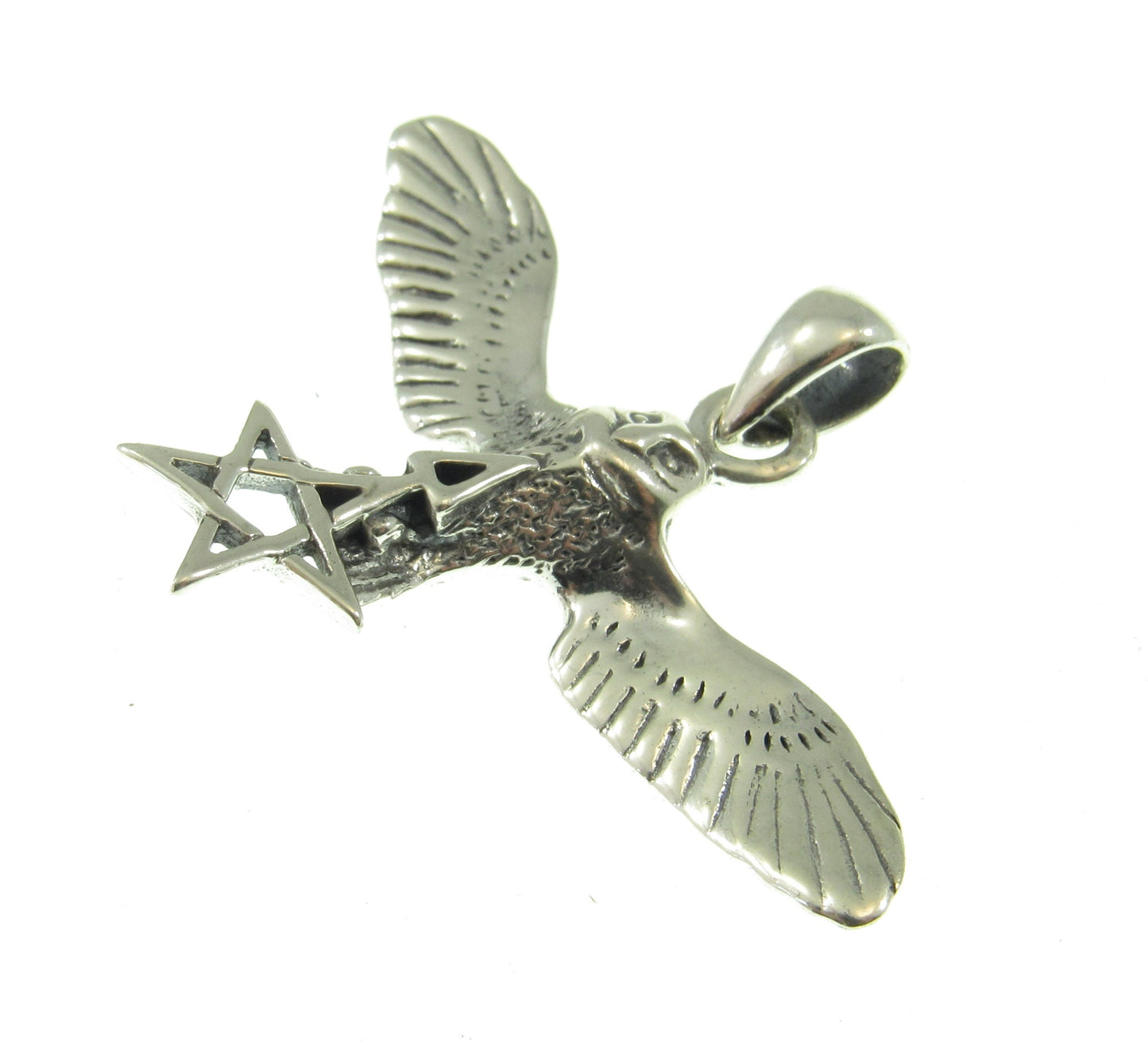 Solid 925 Sterling Silver Flying Owl Pendant, Pentagram Star Triangle, Pagan Wiccan Amulet