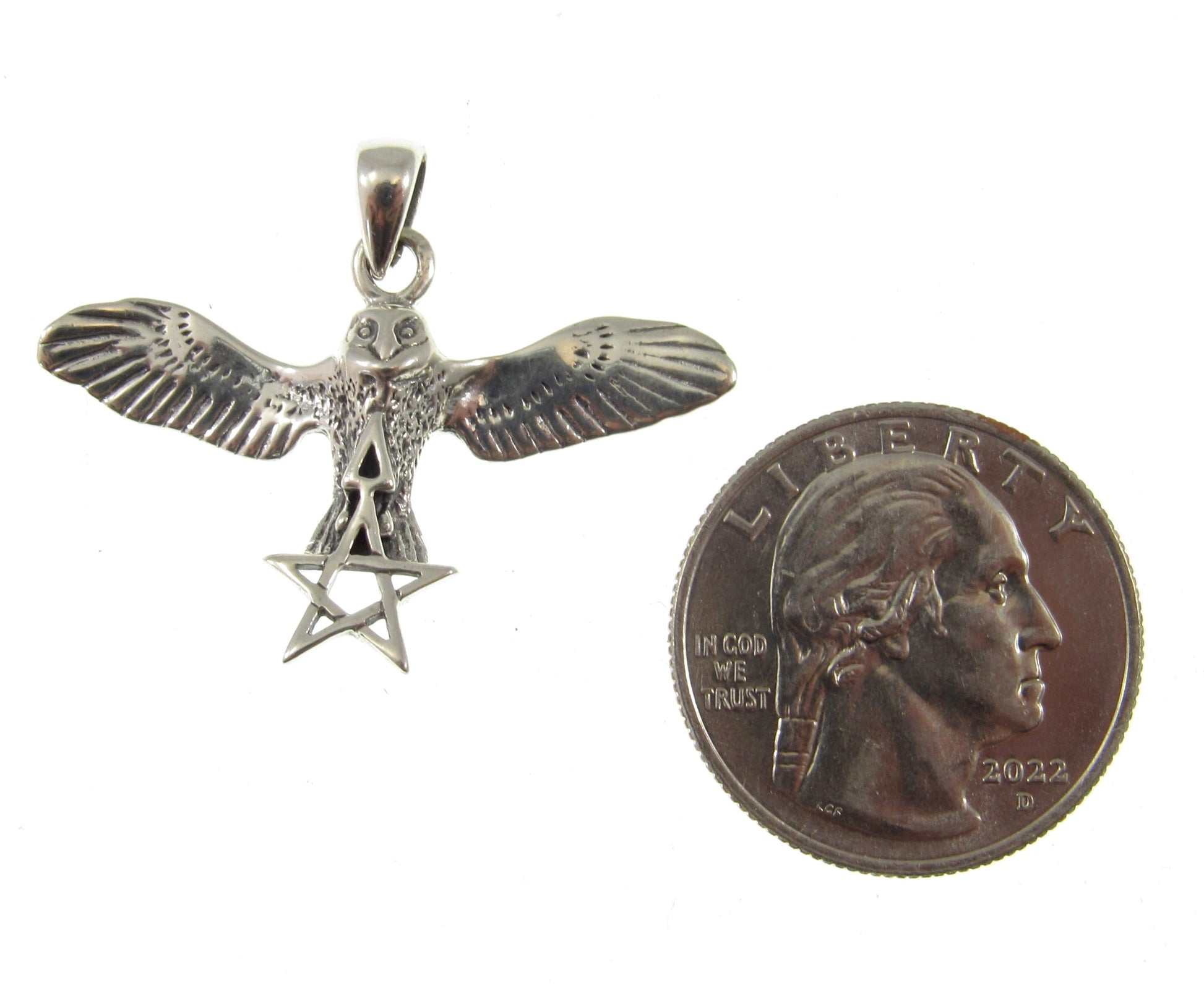 Solid 925 Sterling Silver Flying Owl Pendant, Pentagram Star Triangle, Pagan Wiccan Amulet