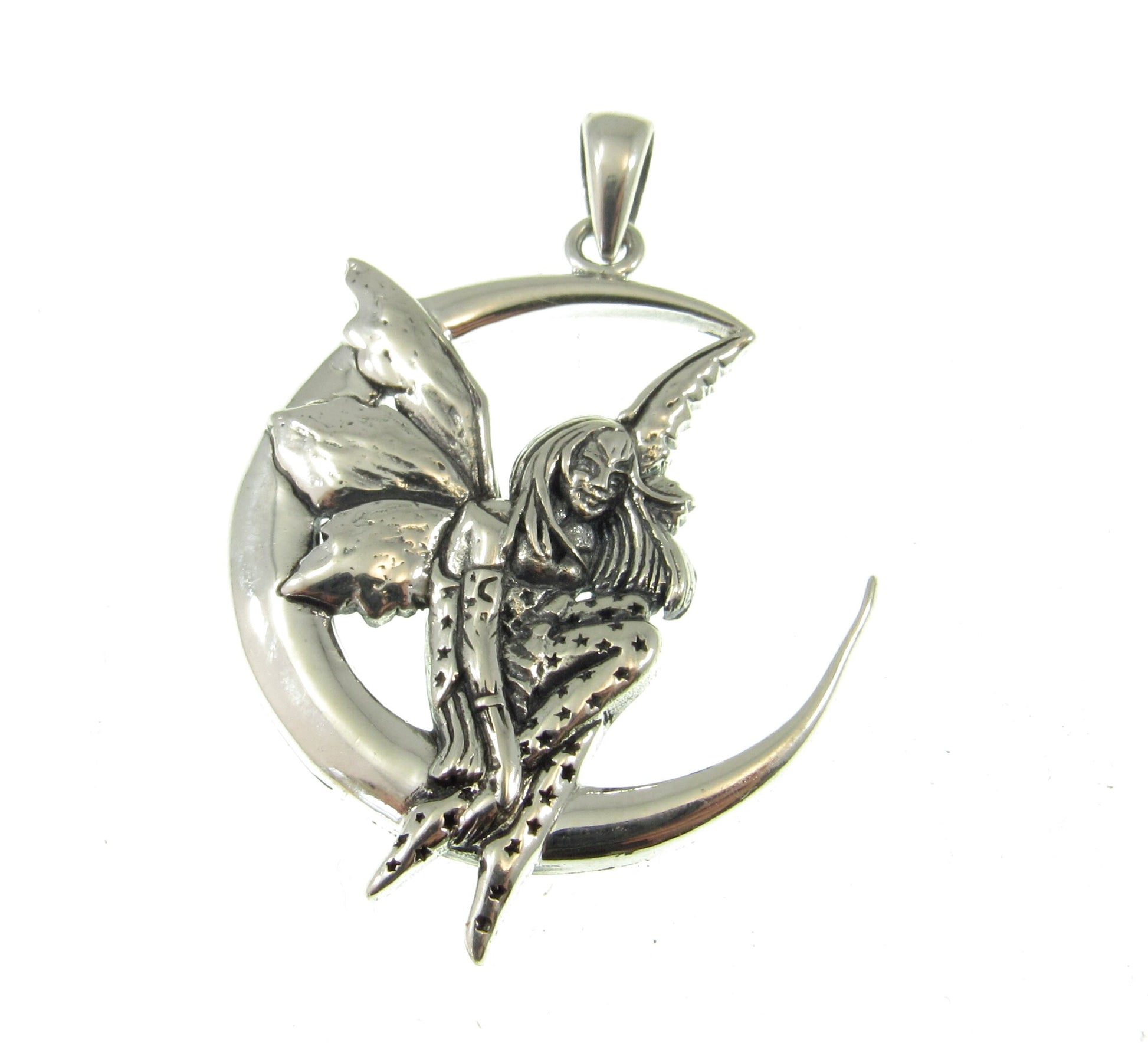 Solid 925 Sterling Silver Moon Fairy Pendant by Amy Brown, Dream Fairy Celestial Jewelry