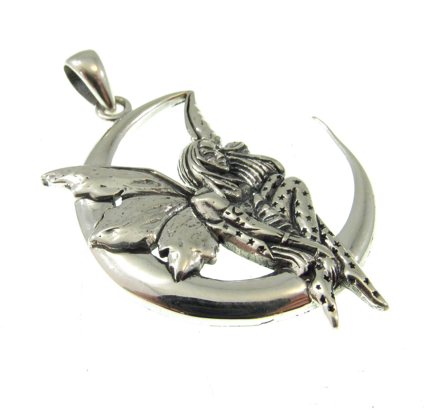 Solid 925 Sterling Silver Moon Fairy Pendant by Amy Brown, Dream Fairy Celestial Jewelry
