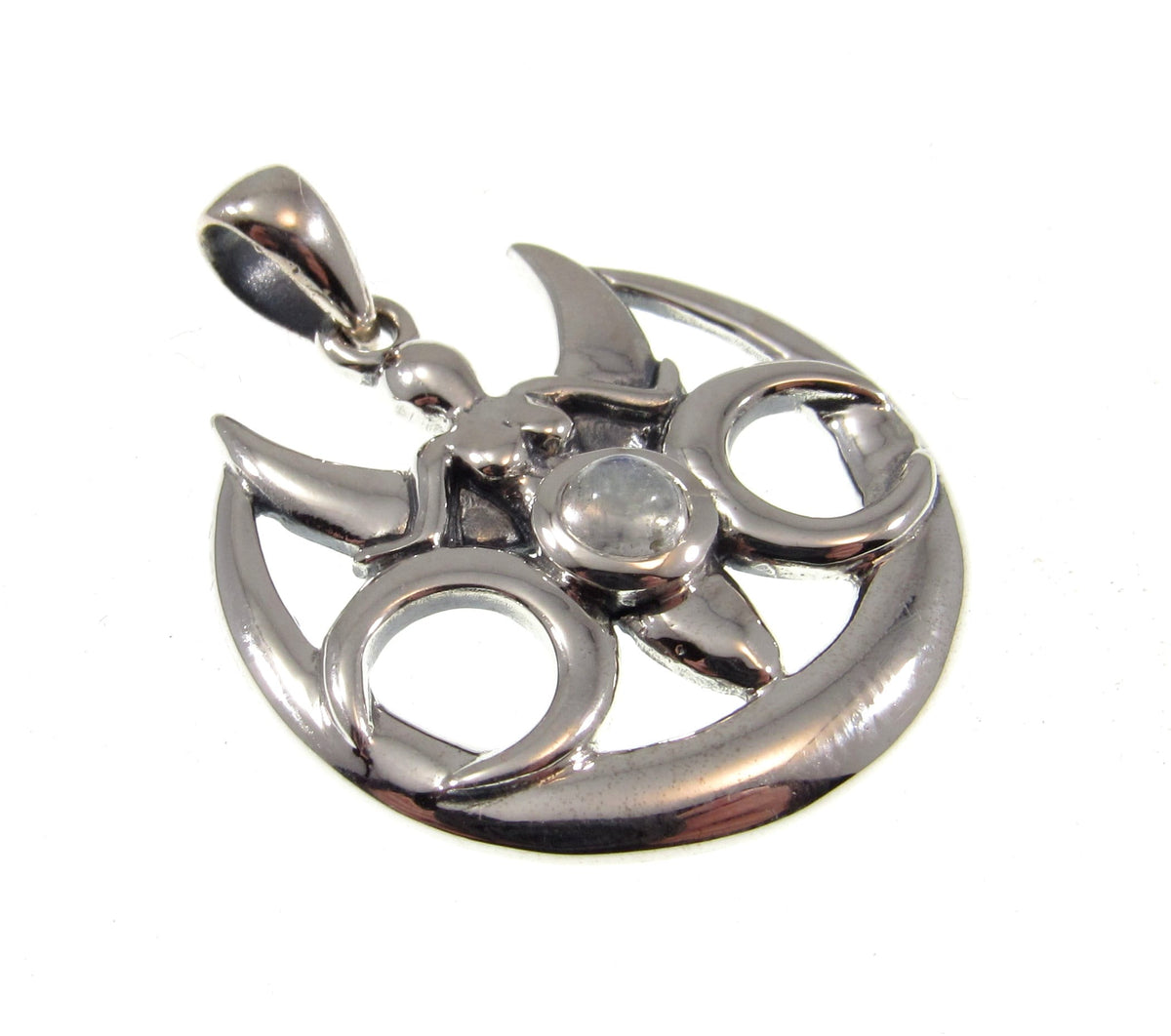 Solid 925 Sterling Silver Goddess Triple Moon Rainbow Moonstone Pendant, Maiden Mother Crone Amulet