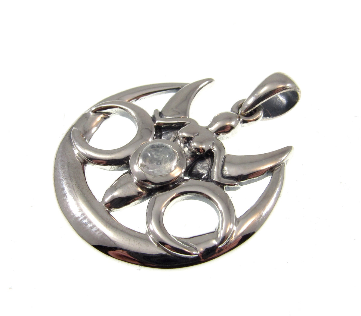 Solid 925 Sterling Silver Goddess Triple Moon Rainbow Moonstone Pendant, Maiden Mother Crone Amulet