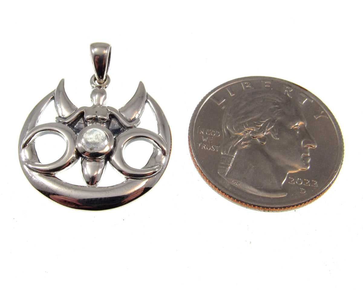 Solid 925 Sterling Silver Goddess Triple Moon Rainbow Moonstone Pendant, Maiden Mother Crone Amulet