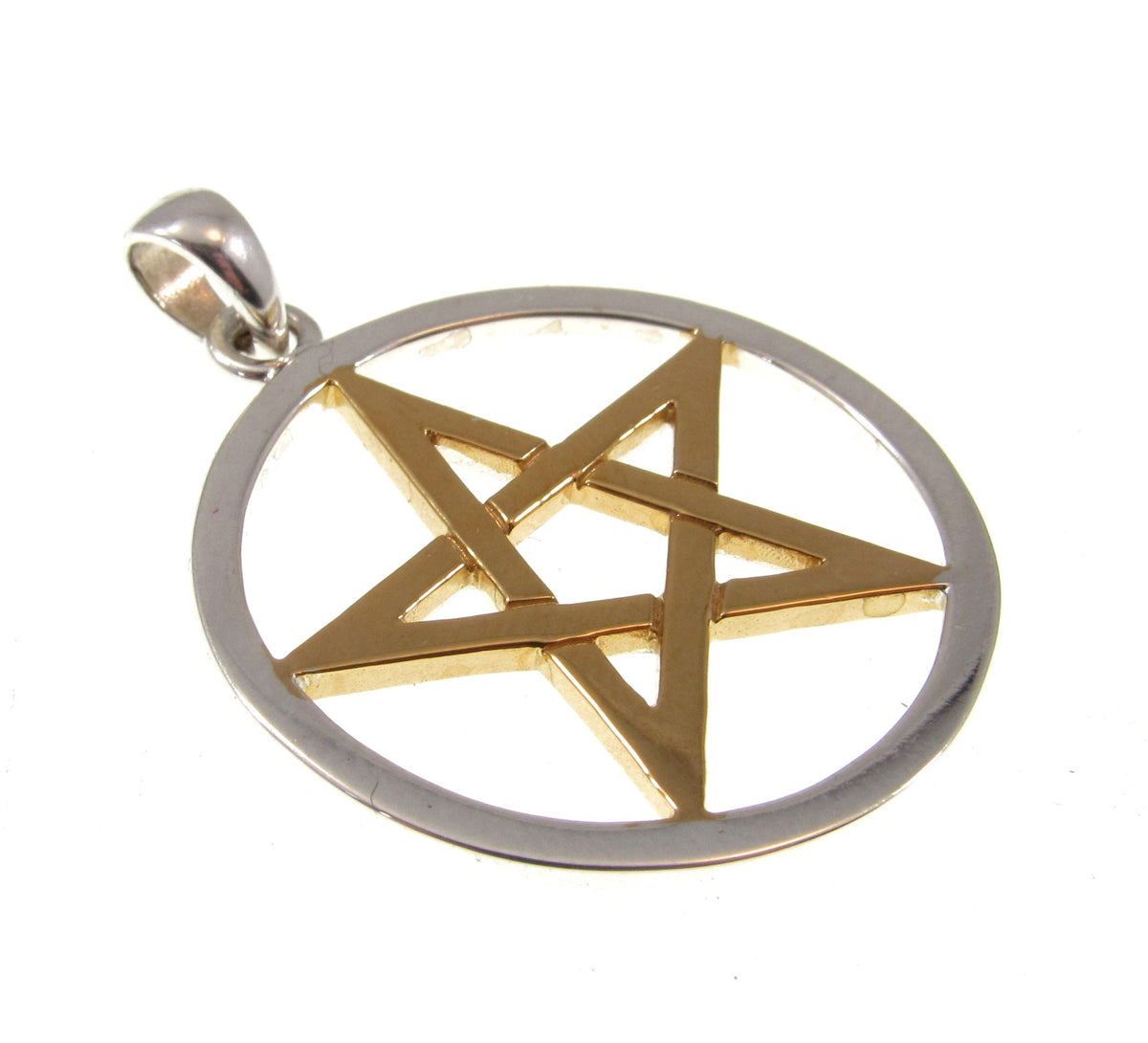 Solid 925 Sterling Silver & 14k Gold Vermeil Pentacle Star Pendant, Pagan Pentagram, Wiccan Amulet