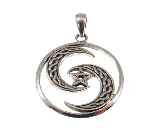 Solid 925 Sterling Silver Pentagram Inside Celtic Crescent Moons Protection Pendant