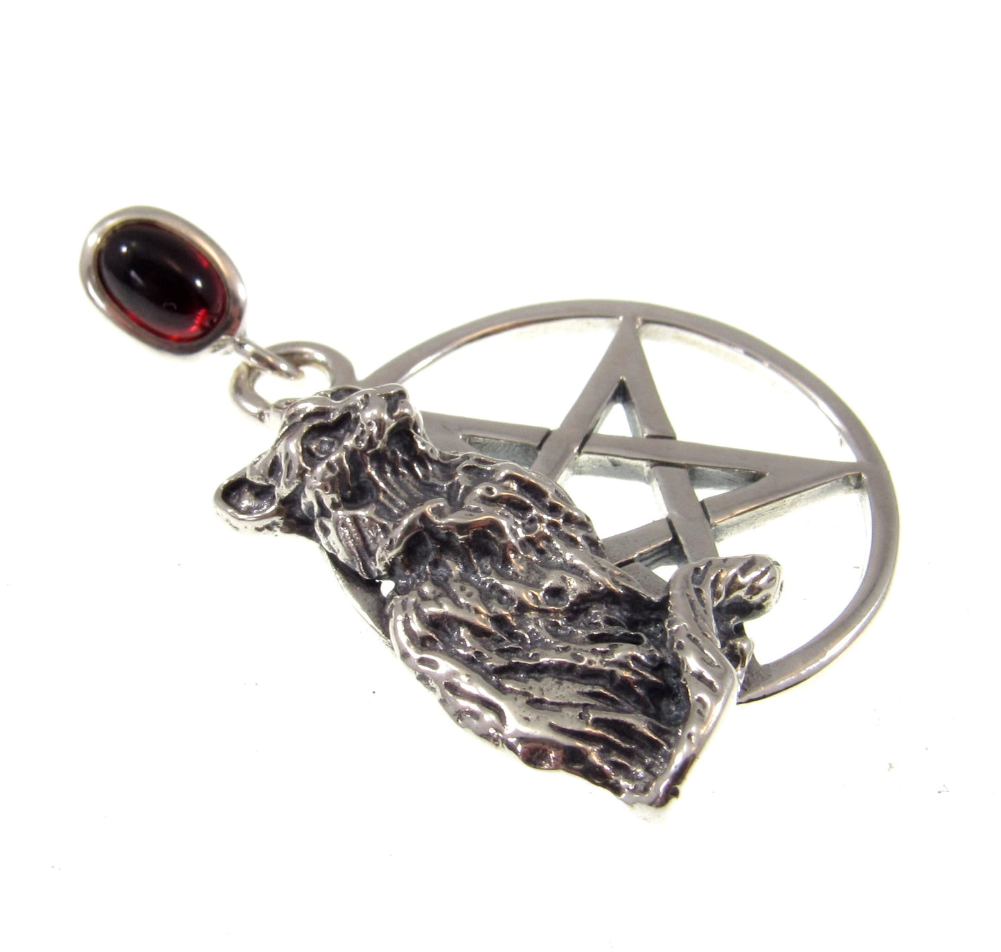 Solid 925 Sterling Silver Cat Familiar Pentacle Pendant With Garnet, Moonstone, Obsidian, or Peridot