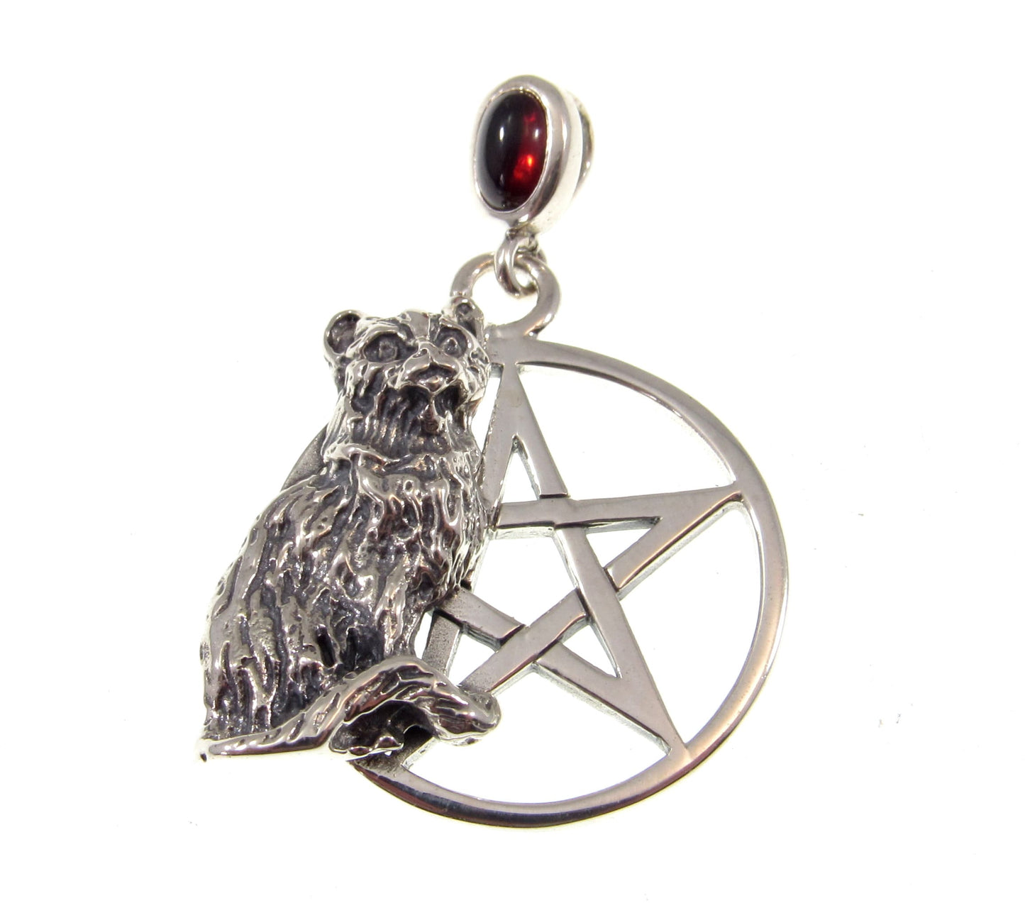 Solid 925 Sterling Silver Cat Familiar Pentacle Pendant With Garnet, Moonstone, Obsidian, or Peridot