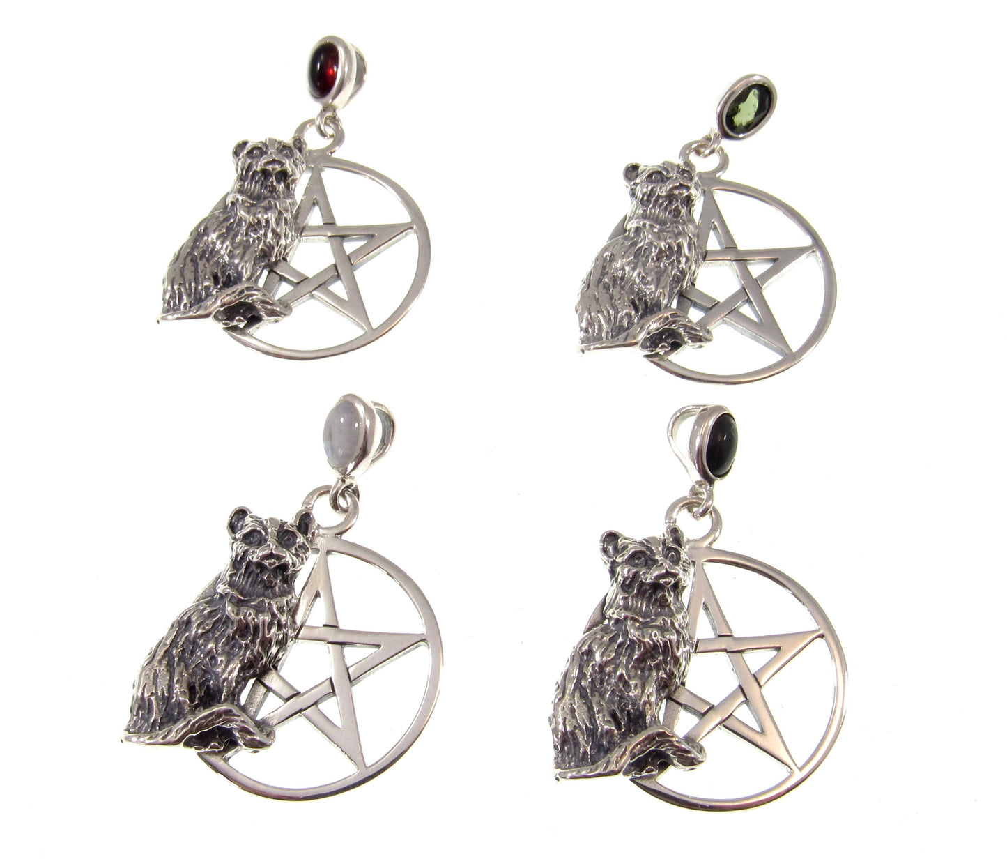 Solid 925 Sterling Silver Cat Familiar Pentacle Pendant With Garnet, Moonstone, Obsidian, or Peridot
