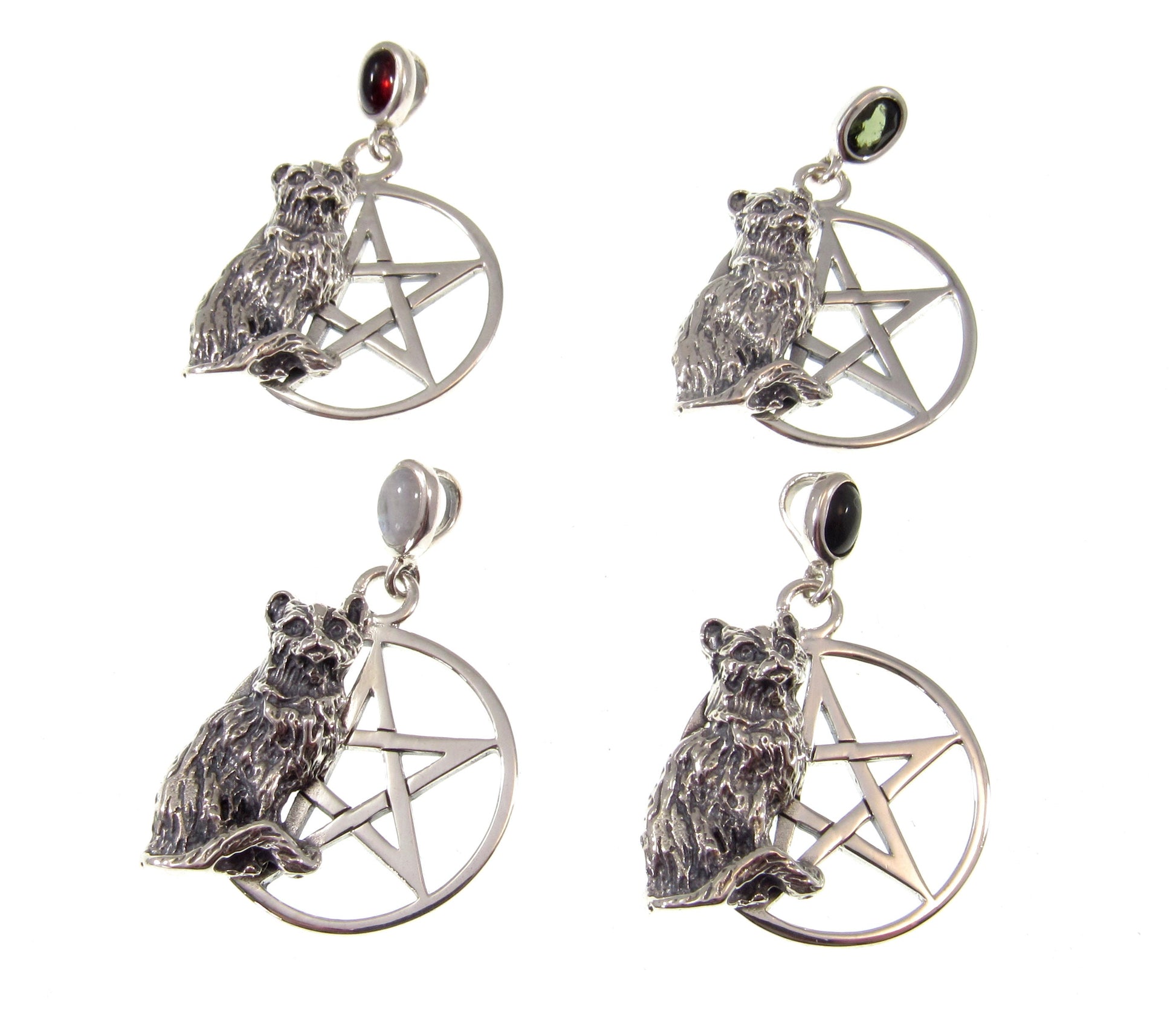 Solid 925 Sterling Silver Cat Familiar Pentacle Pendant With Garnet, Moonstone, Obsidian, or Peridot