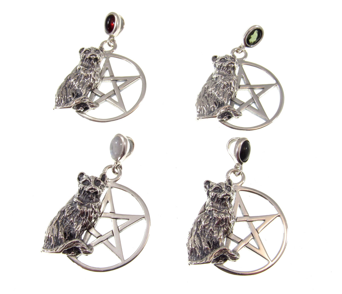 Solid 925 Sterling Silver Cat Familiar Pentacle Pendant With Gemstone: Garnet, Moonstone, Obsidian, or Peridot, Feline Pentagram