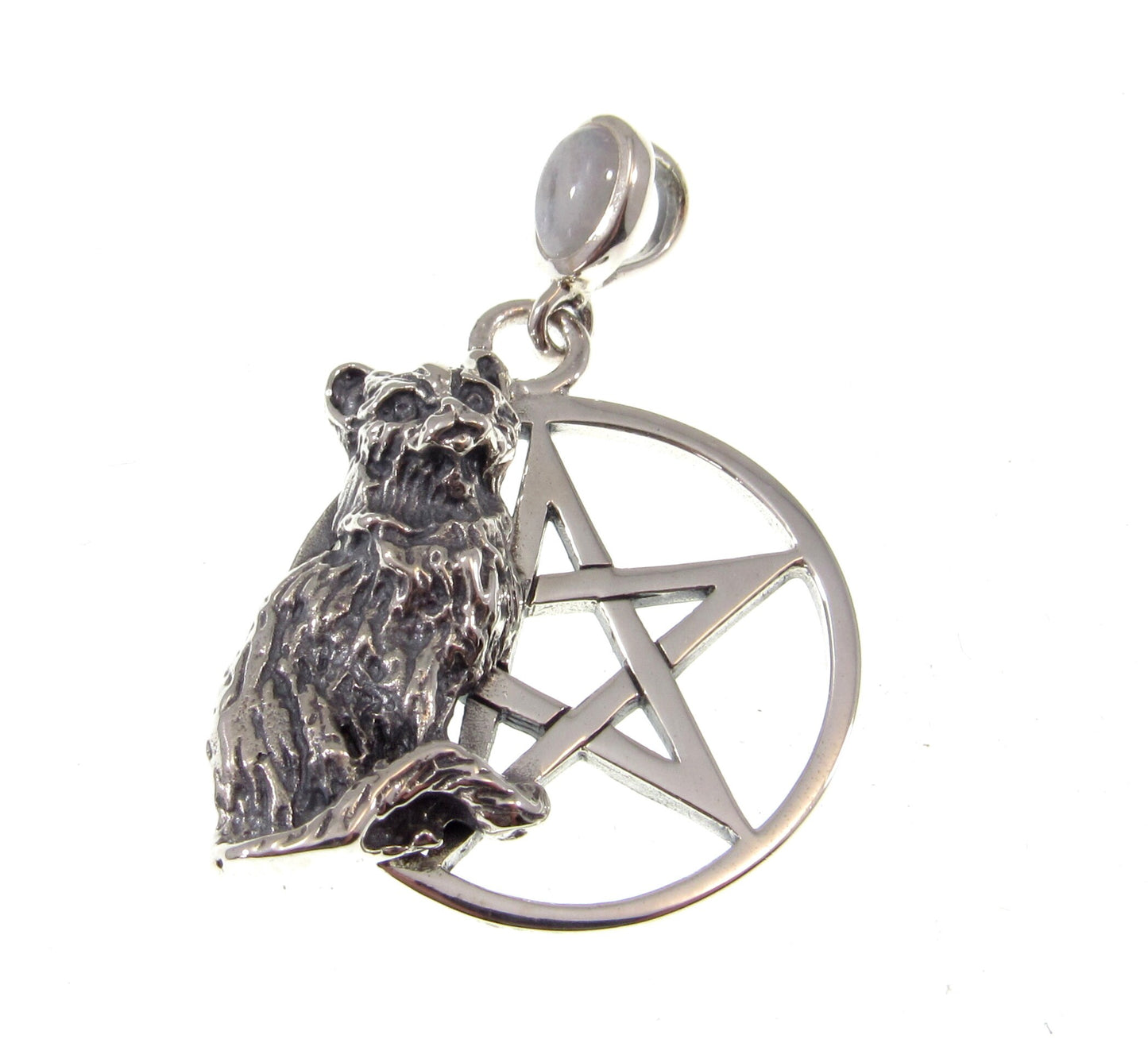 Solid 925 Sterling Silver Cat Familiar Pentacle Pendant With Garnet, Moonstone, Obsidian, or Peridot
