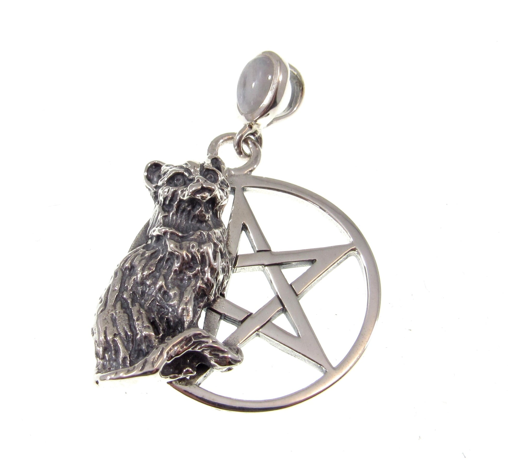 Solid 925 Sterling Silver Cat Familiar Pentacle Pendant With Garnet, Moonstone, Obsidian, or Peridot