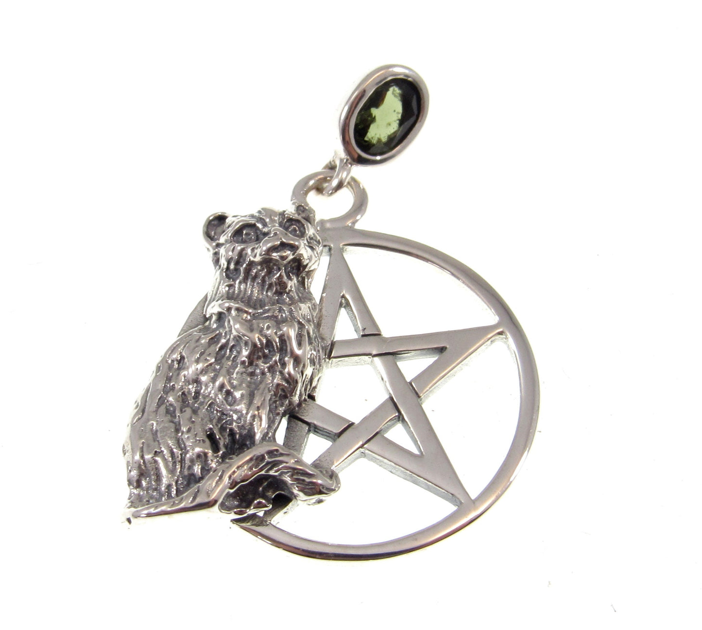 Solid 925 Sterling Silver Cat Familiar Pentacle Pendant With Garnet, Moonstone, Obsidian, or Peridot