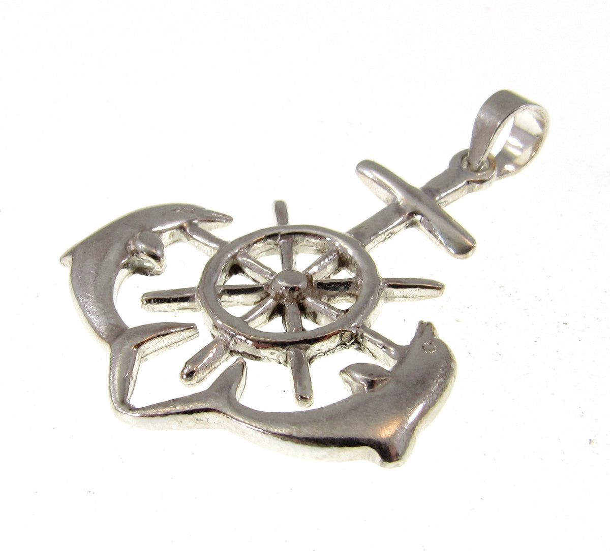 Solid 925 Sterling Silver Ship's Helm, Dolphins, & Anchor Pendant - Nautical Jewelry for Men